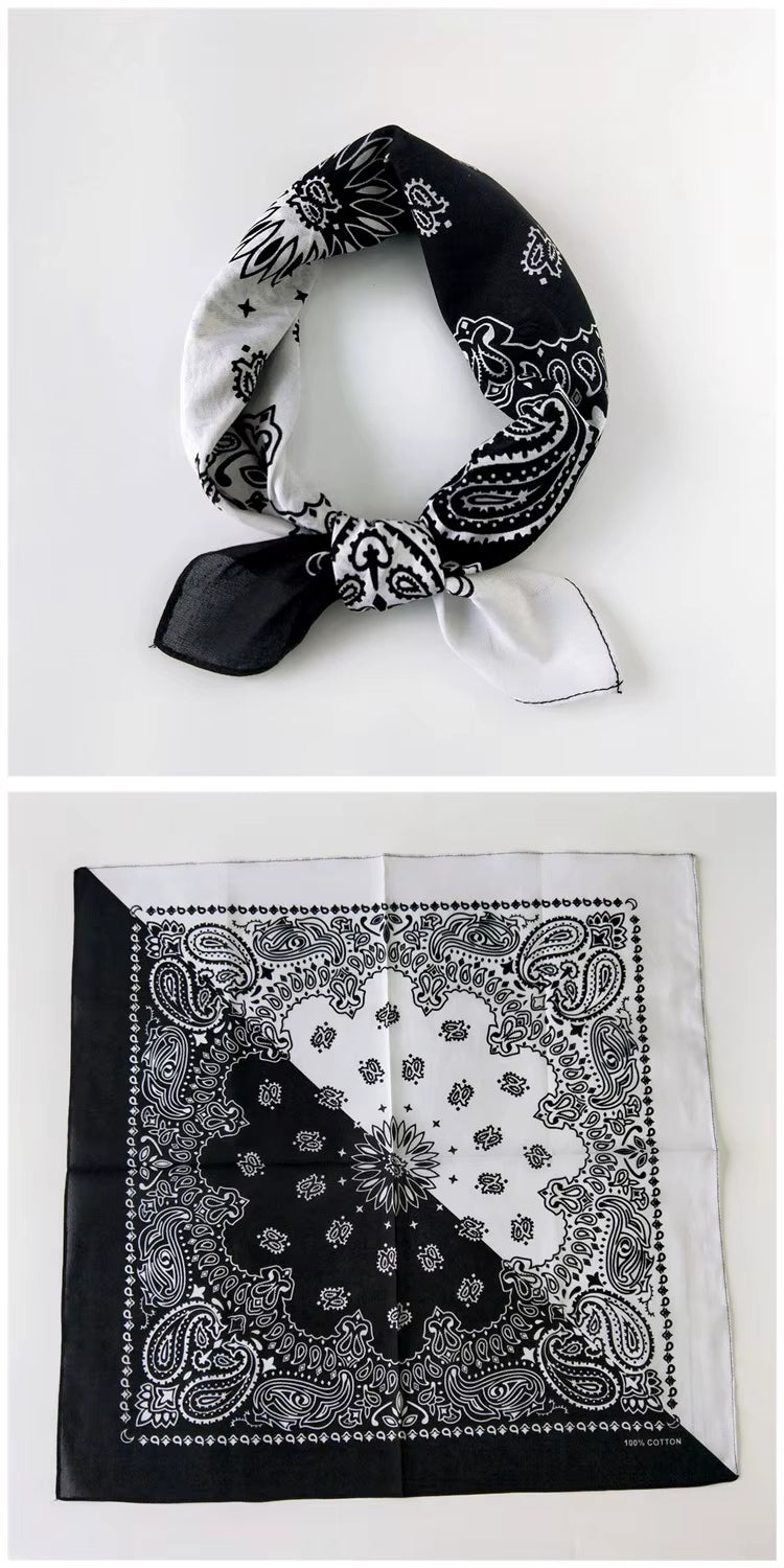 Foulard Bandana Coton Motif Paisley 55x55cm Blanc et Noir
