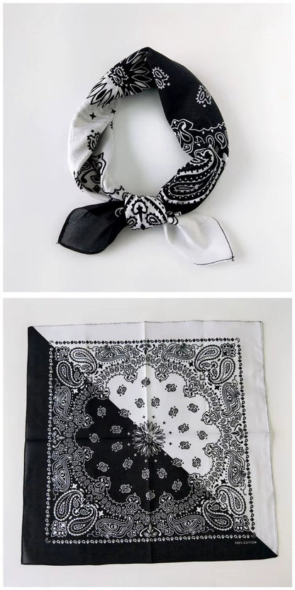 Foulard Bandana Coton Motif Paisley 55x55cm Blanc et Noir