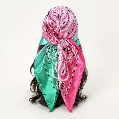 Foulard 90x90cm Satin Rose et Vert - MAGGY
